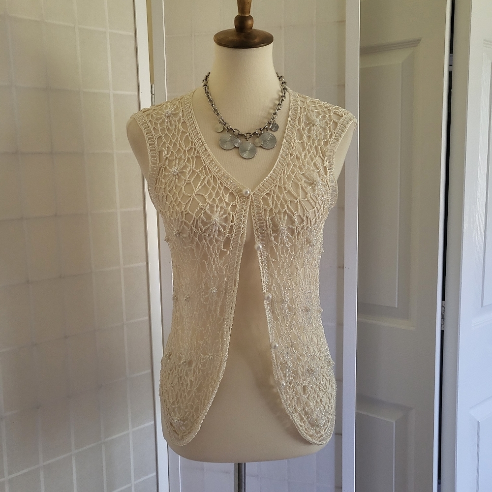 Vintage Ivory Pearl Beaded Openwork Crochet Vest XS S